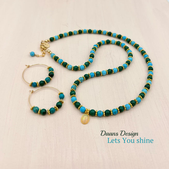 Gemstone necklace Malachite &amp; Opal pendant