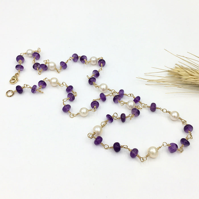 Handgemaakte-ketting-edelsteen-amethist-en-parel