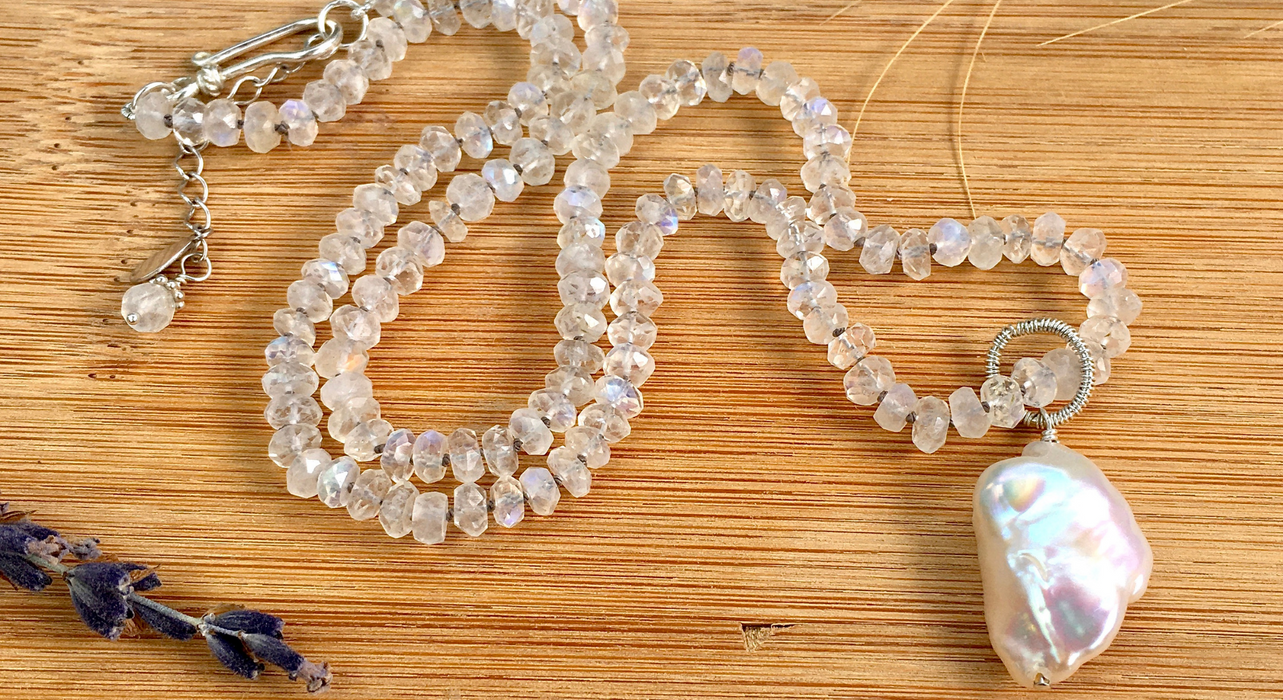 Gemstone necklace Moonstone hand knotted