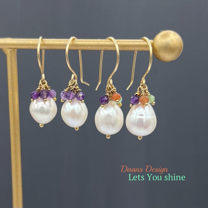 Pearl earrings drops of gemstones