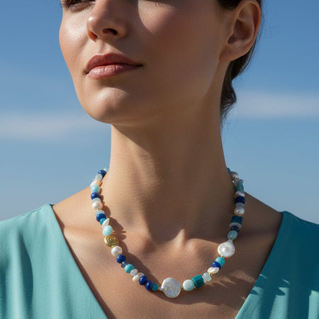 grote edelsteen ketting met echte edelstenen en parels, uniek ontwerp voor de zomer 