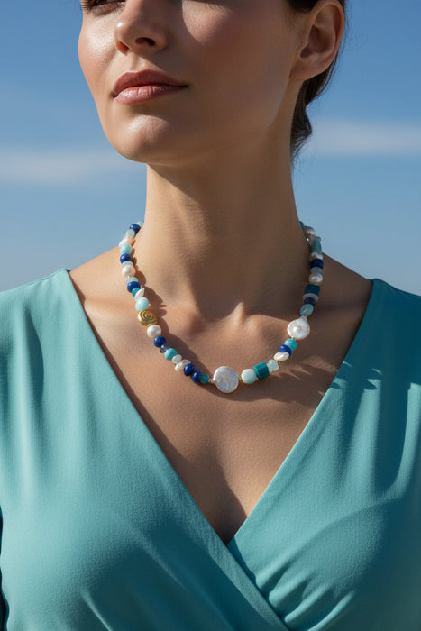 grote edelsteen ketting met echte edelstenen en parels, uniek ontwerp voor de zomer 