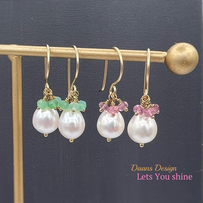 Pearl earrings drops with Tourmaline gemstone